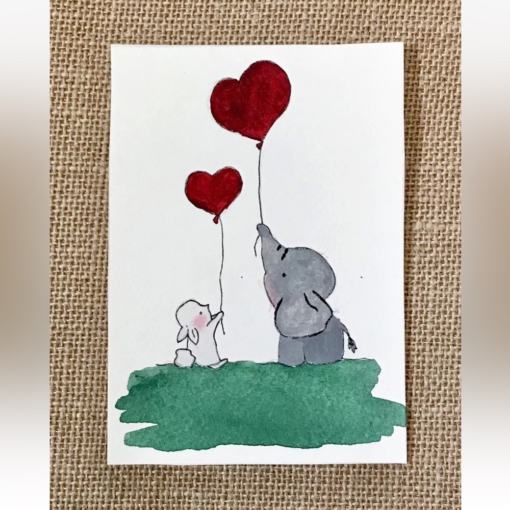 Elephant And Bunny Holding Heart Balloons Art 3.5 x 5 Inch Whimsical Cute Happy - Picture 1 of 2